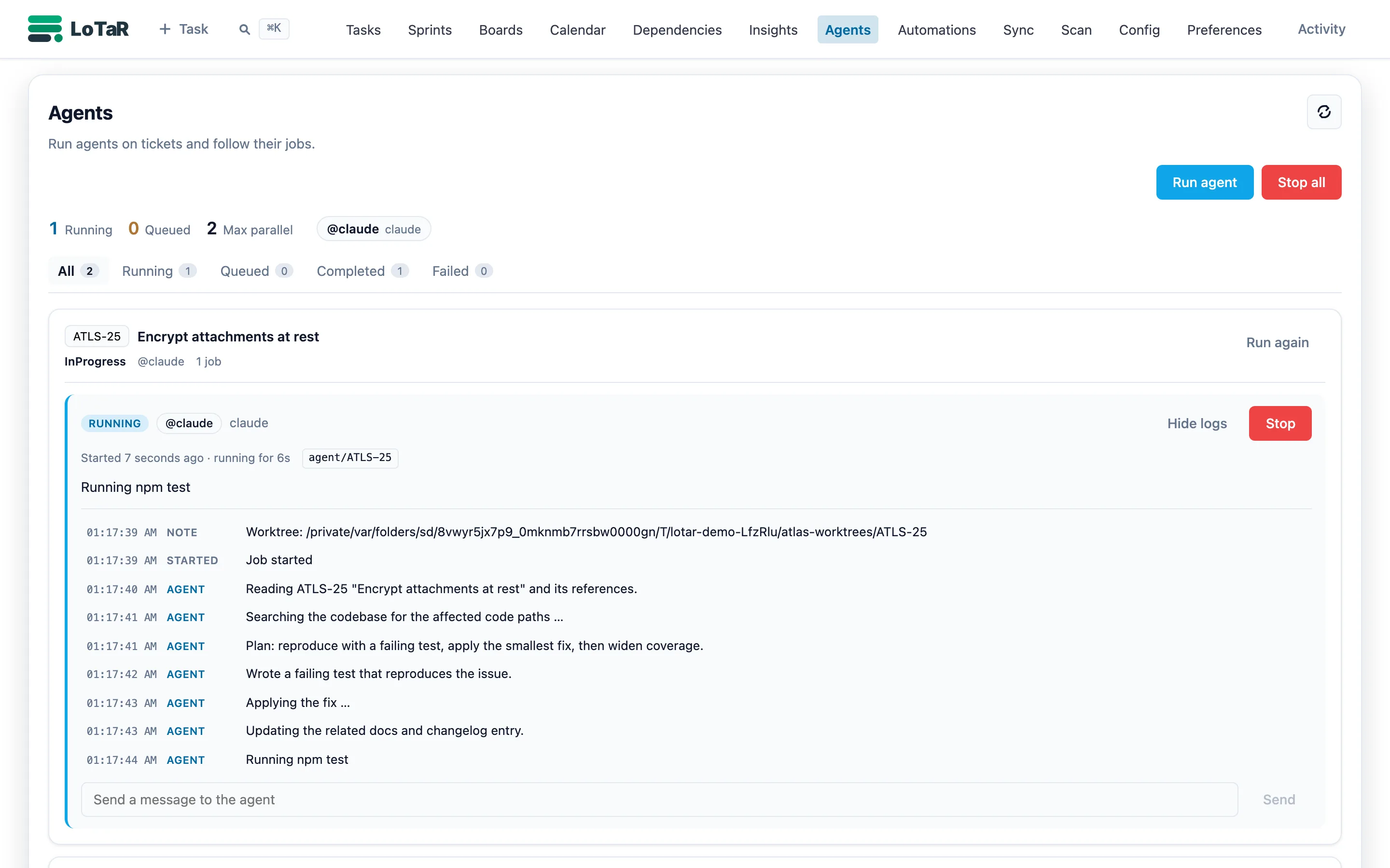 Agent jobs page with a running claude job, its worktree branch, and the live log