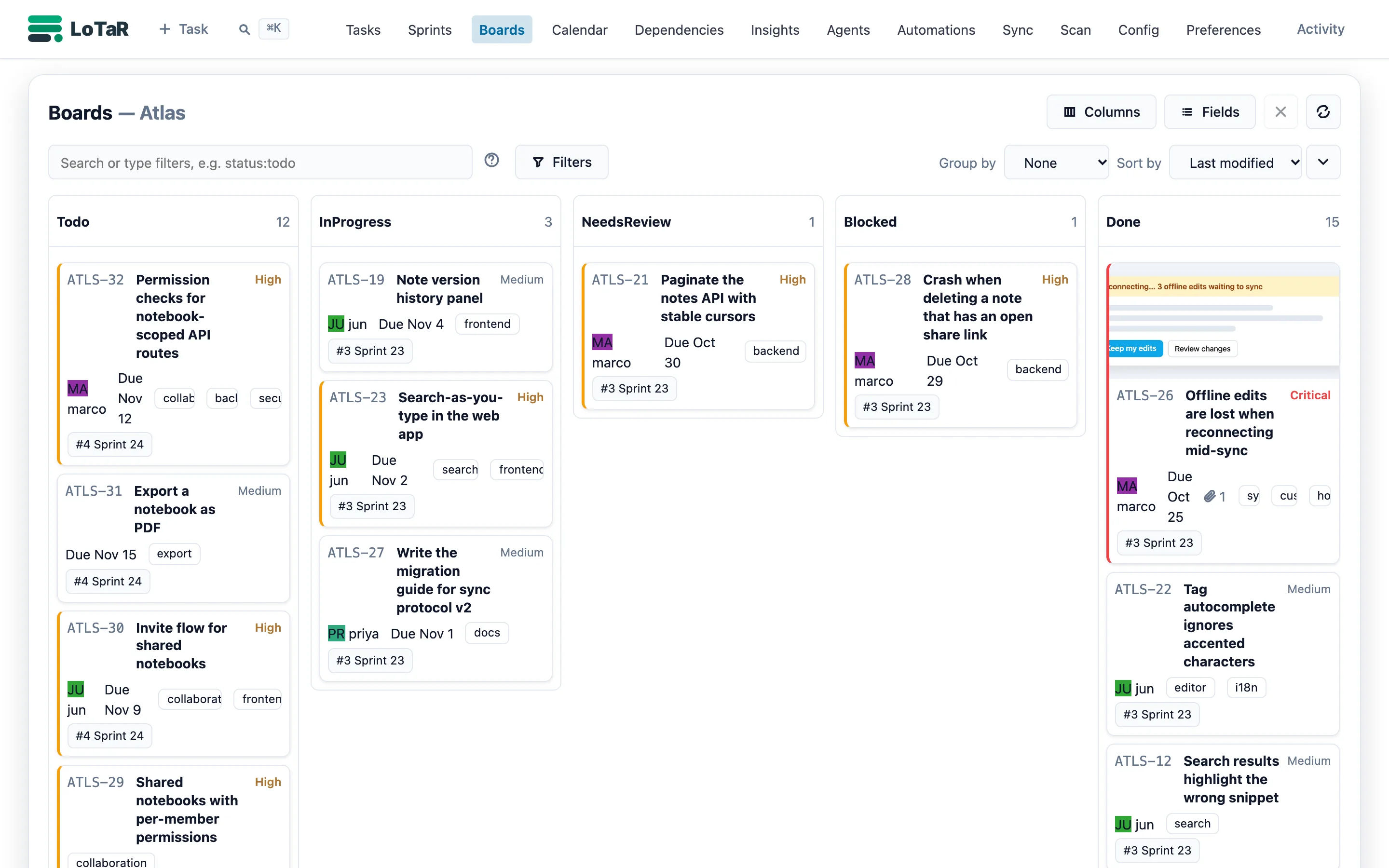 Board view with Todo, InProgress, NeedsReview, Blocked and Done columns