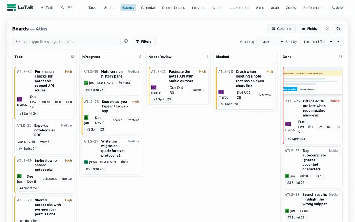 Assigning a task to the claude agent profile in the web UI: the job starts in its own git worktree, its log streams live, and automation moves the task to NeedsReview