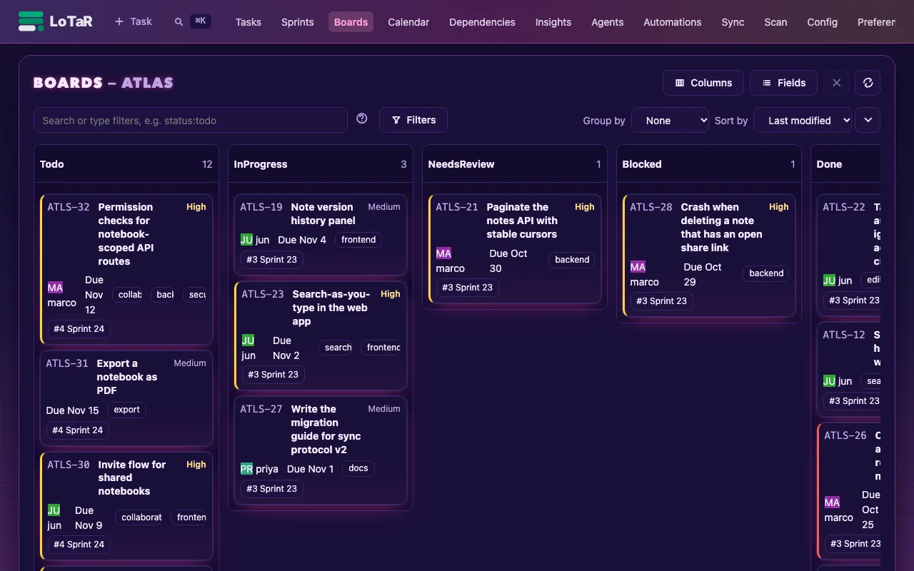 Board in the Synthwave theme: neon pink and purple on dark