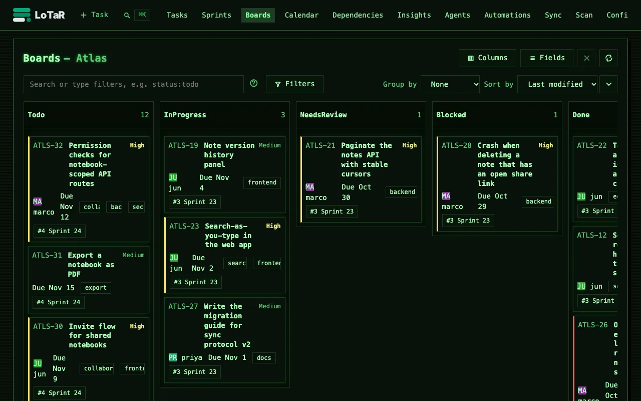 Board in the Terminal theme: green monospace text on black